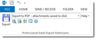MessageExport add-on copies Outlook email to PDF. Toolbar shows 'export to pdf' selected.